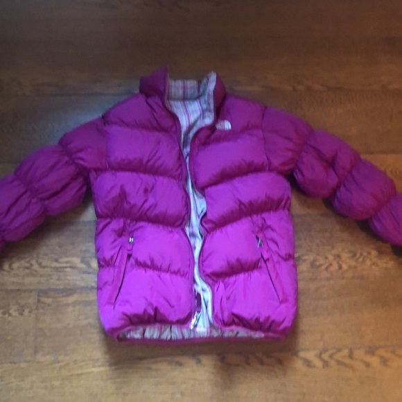North Face Reversible Purple Plaid Puffer Ski Coat Winter Jacket - Picture 7 of 7
